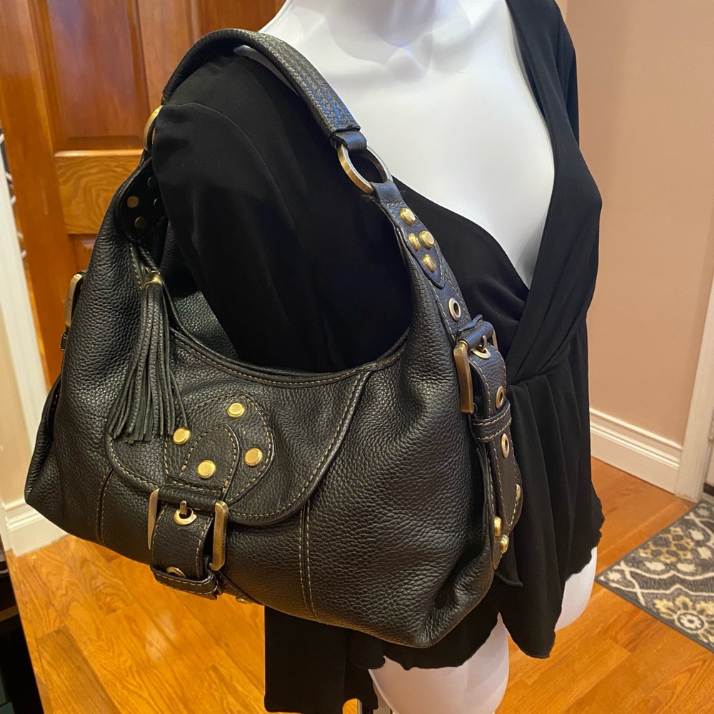 Rafe Black Leather Shoulder Bag with Gold Hardware